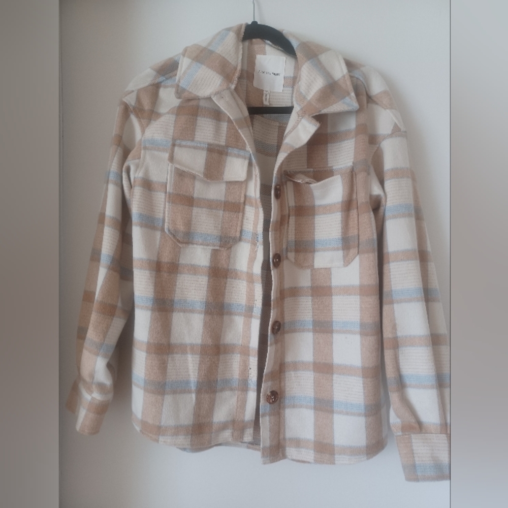 Avec Les Filles Siz XS Tan and Blue Plaid Shirt